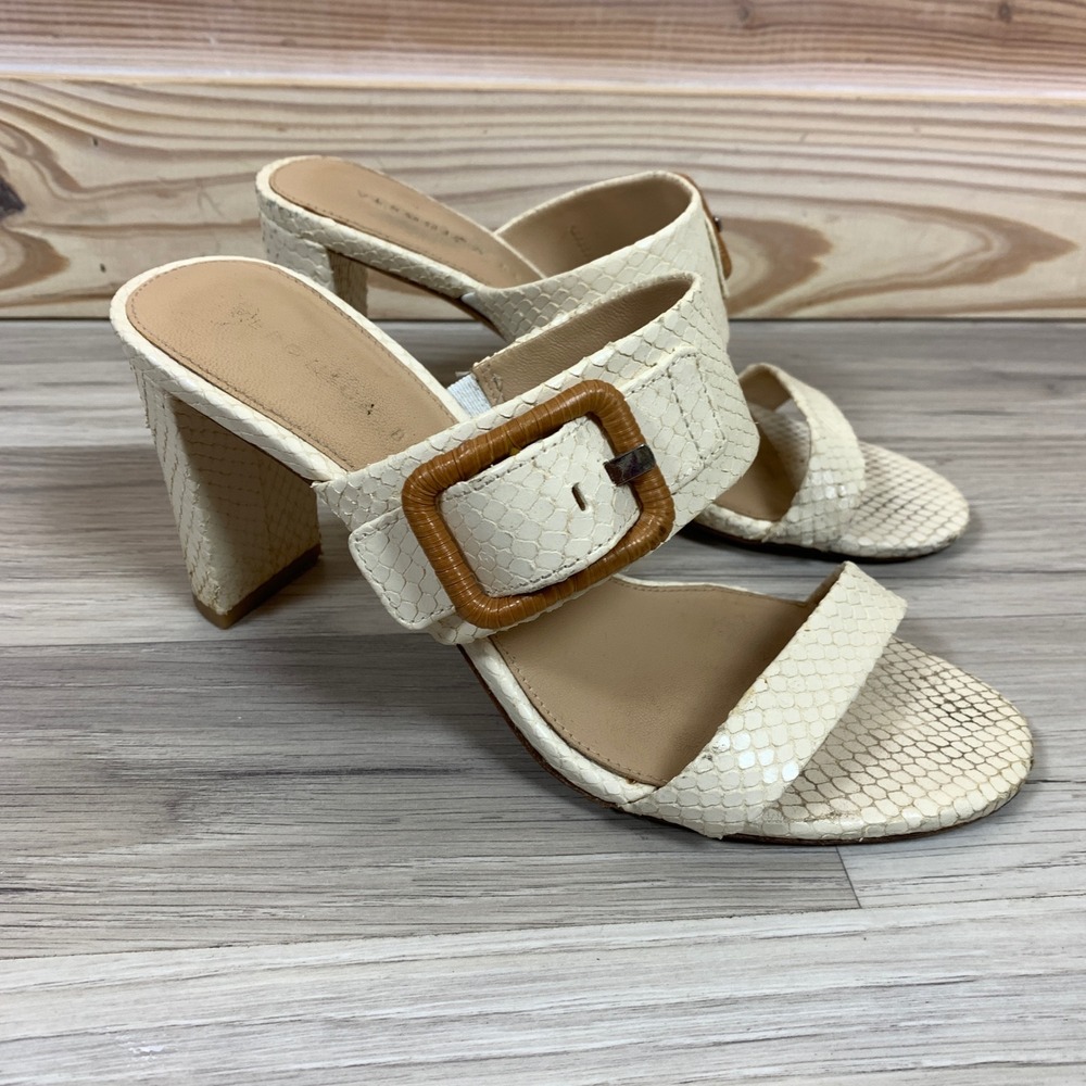 Veronica Beard Heel Mules Womens 7M White Snakeskin Embossed Buckle Block Sandal